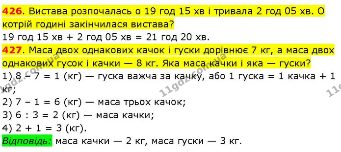 426. Вистава розпочалась о 19 год 15 хв і тривала 2 год 05 хв. О котрій годині закінчилася вистава? — ГДЗ Математика 3 клас Козак 1-2 ч.