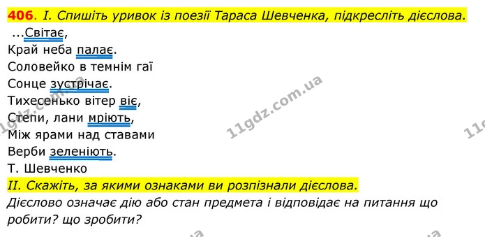 406. І. Спишіть уривок із поезії Тараса Шевченка, підкресліть дієслова. — ГДЗ Українська мова 6 клас Ворон, Солопенко