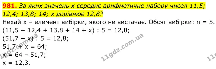 981. За яких значень х середнє арифметичне набору чисел 11,5; 12,4; 13,8; 14; х дорівнює 12,8? — ГДЗ Алгебра 7 клас Тарасенкова 2024