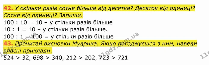 42. У скільки разів сотня більша від десятка? Десяток від одиниці? Сотня від одиниці? Запиши. — ГДЗ Математика 4 клас Заїка