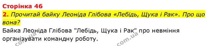 2. Прочитай байку Леоніда Глібова «Лебідь, Щука і Рак». Про що вона? — ГДЗ Етика 6 клас Давидюк