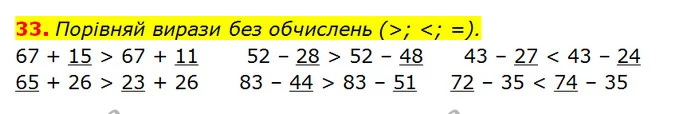 33. Порівняй вирази без обчислень (>; <; =). — ГДЗ Математика 3 клас Оляницька 1 та 2 частини