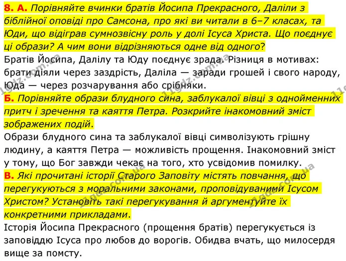 8. А. Порівняйте вчинки братів Йосипа Прекрасного, Даліли з біблійної оповіді про Самсона, про які ви читали в 6–7 класах, та Юди, що — ГДЗ Зарубіжна література 8 клас Волощук