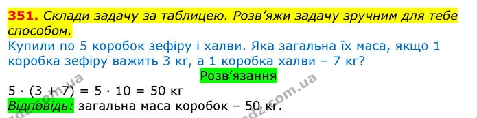 351. Склади задачу за таблицею. Розв’яжи задачу зручним для тебе способом. — ГДЗ Математика 3 клас Листопад 1-2 ч.
