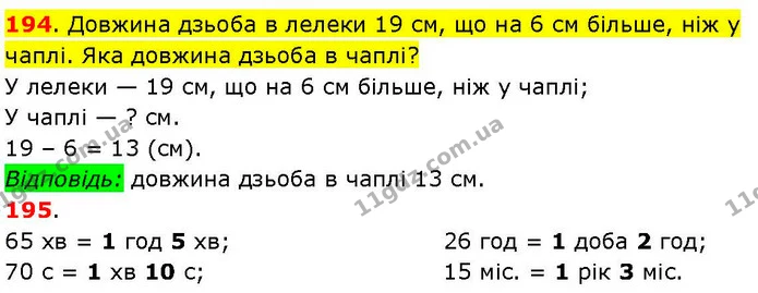 194. Довжина дзьоба в лелеки 19 см, що на 6 см більше, ніж у чаплі. Яка довжина дзьоба в чаплі? — ГДЗ Математика 3 клас Козак 1-2 ч.
