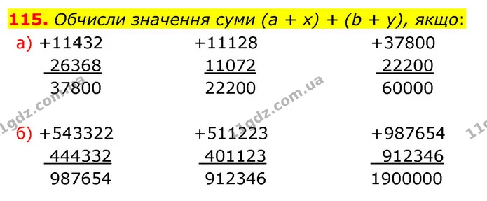 115. Обчисли значення суми (а + х) + (b + у), якщо: — ГДЗ Математика 5 клас Бевз