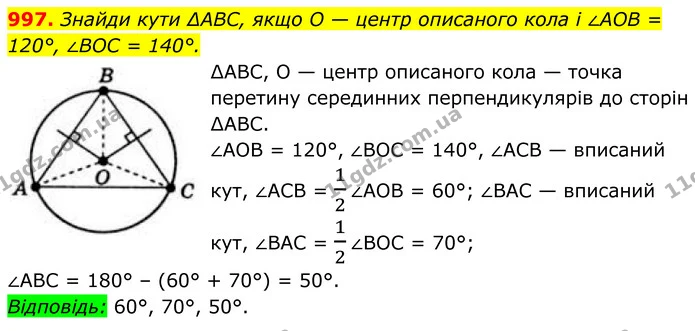 997. Знайди кути ∆ABC, якщо O — центр описаного кола і ∠AOB = 120°, ∠BOC = 140°. — ГДЗ Геометрія 8 клас Бевз
