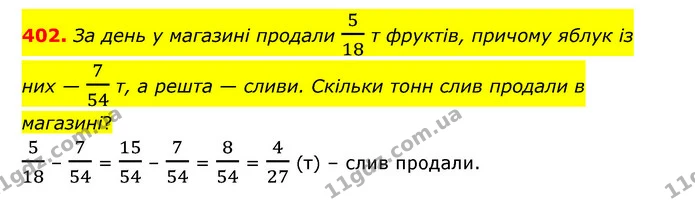 402. За день у магазині продали 518 т фруктів, причому яблук із них — 754 т, а решта — сливи. Скільки тонн слив продали в магазині? — ГДЗ Математика 6 клас Тарасенкова 2023 1-2 ч.