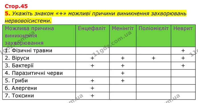 5. Укажіть знаком «+» можливі причини виникнення захворювань нервовоїсистеми. — ГДЗ Робочий зошит Біологія 8 клас Задорожний