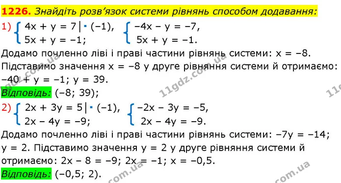 1226. Знайдіть розв’язок системи рівнянь способом додавання: — ГДЗ Алгебра 7 клас Істер 2024
