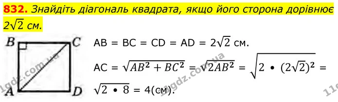 832. Знайдіть діагональ квадрата, якщо його сторона дорівнює — ГДЗ Геометрія 8 клас Бурда