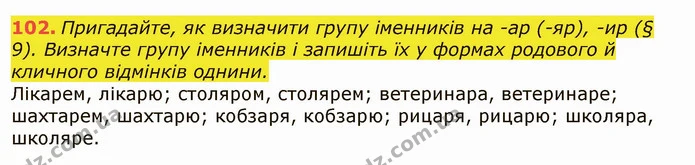 102. Пригадайте, як визначити групу іменників на -ар (-яр), -ир (§ 9). Визначте групу іменників і запишіть їх у формах родового й — ГДЗ Українська мова 6 клас Заболотний 2019