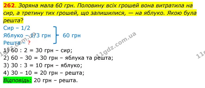 262. Зоряна мала 60 грн. Половину всіх грошей вона витратила на сир, а третину тих грошей, що залишилися, — на яблуко. Якою була решта? — ГДЗ Математика 3 клас Бевз 1 частина