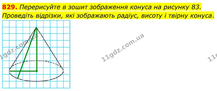829. Перерисуйте в зошит зображення конуса на рисунку 83. Проведіть відрізки, які зображають радіус, висоту і твірну конуса. — ГДЗ Математика 6 клас Кравчук 2023