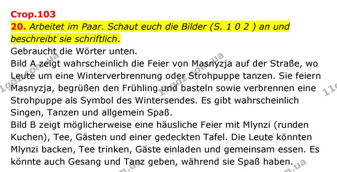 20. Arbeitet im Paar. Schaut euch die Bilder (S. 1 0 2 ) an und beschreibt sie schriftlich. — ГДЗ Німецька мова 6 клас Басай (2023)