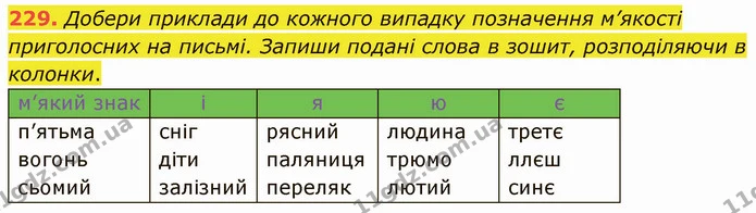 229. Добери приклади до кожного випадку позначення м’якості приголосних на письмі. Запиши подані слова в зошит, розподіляючи в колонки. — ГДЗ Українська мова 5 клас Онатій