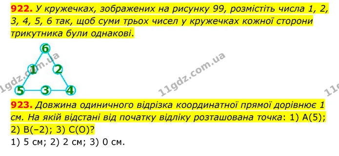 922. У кружечках, зображених на рисунку 99, розмістіть числа 1, 2, 3, 4, 5, 6 так, щоб суми трьох чисел у кружечках кожної сторони — ГДЗ Математика 6 клас Кравчук 2023