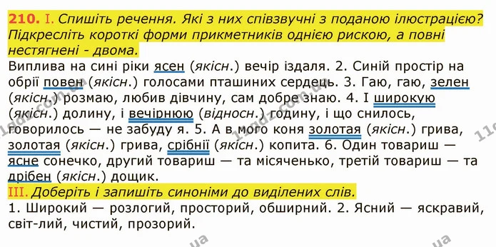 210. І. Спишіть речення. Які з них співзвучні з поданою ілюстрацією? Підкресліть короткі форми прикметників однією рискою, а повні — ГДЗ Українська мова 6 клас Заболотний 2019