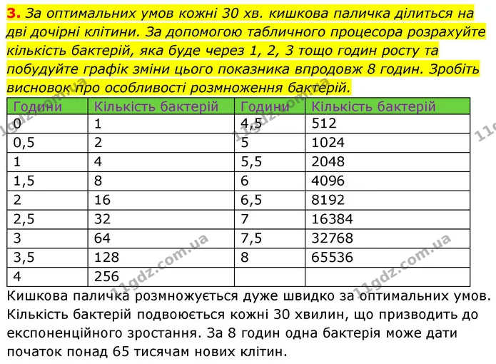 3. За оптимальних умов кожні 30 хв. кишкова паличка ділиться на дві дочірні клітини. За допомогою табличного процесора розрахуйте — ГДЗ Біологія 7 клас Тагліна