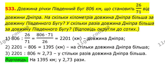 533. Довжина річки Південний Буг 806 км, що становить 2671 від довжини Дніпра. На скільки кілометрів довжина Дніпра більша за довжину — ГДЗ Математика 6 клас Істер 2023 1-2 ч.