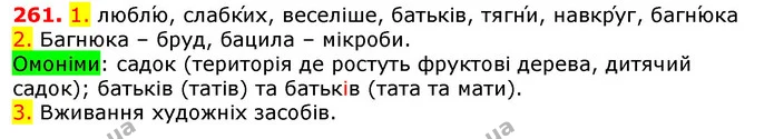 261. 1. люблю́, слабки́х, веселіше, батьків, тягни́, навкру́г, багню́ка — ГДЗ Українська мова 5 клас Єрмоленко 2018