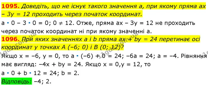 1095. Доведіть, що не існує такого значення a, при якому пряма ax – 3y = 12 проходить через початок координат. — Алгебра 7 клас Мерзляк 2024